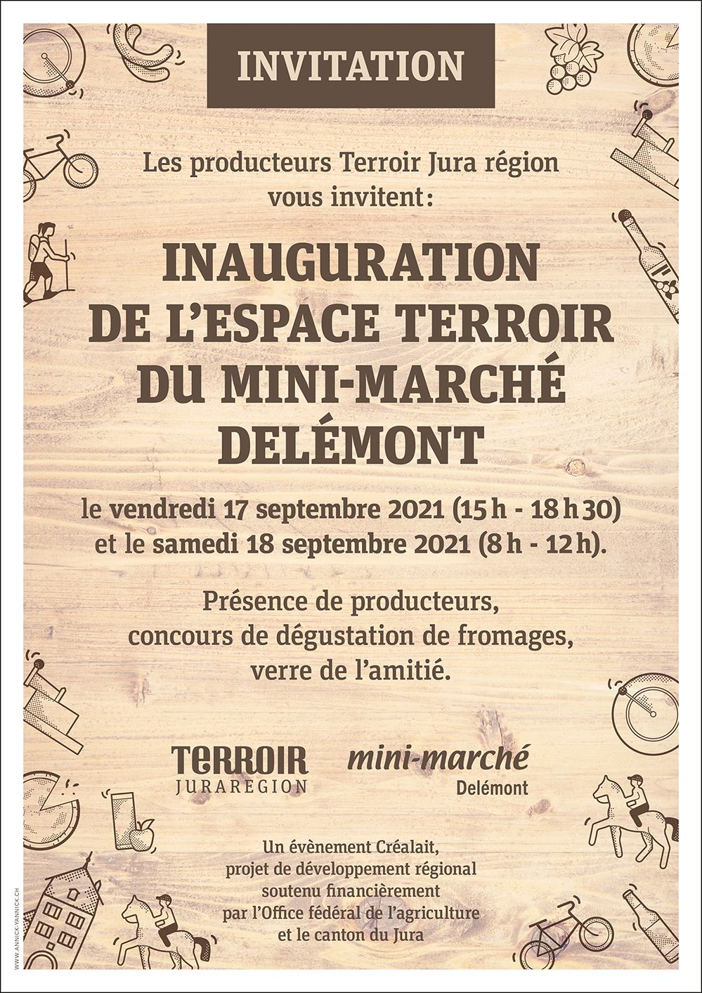 Invitation à l'inauguration de l'Espace terroir du Mini-Marché Delémont. Design: Annick & Yannick.