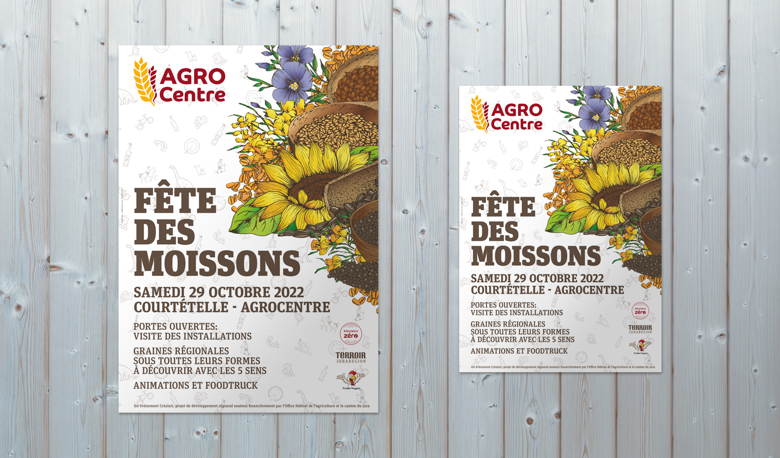 Design d'une affiche et d'un flyer pour la Fête des Moissons de l'Agrocentre, à Courtételle (Jura, Suisse). Collaboration Terroir Juraregion.