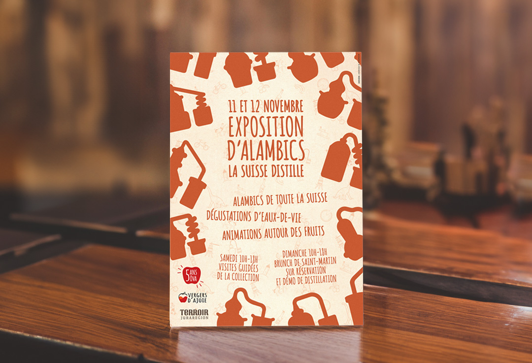 Design du flyer de l'exposition d'alambics "La Suisse distille".