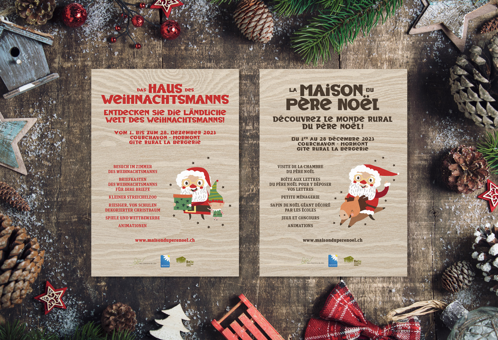 Identité visuelle et supports de communication pour l'évènement "La Maison du Père Noël", à Courchavon et Mormont, décembre 2023.